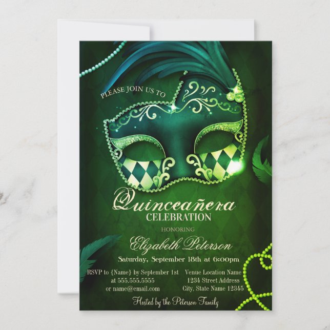 Modern Gold Diamonds Masquerade Green Quinceañera Invitation (Front)