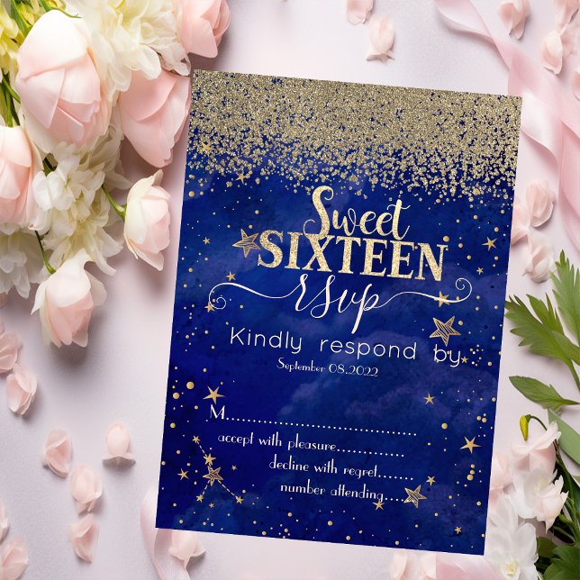 Modern Gold Diamonds Stars Blue Sweet 16 RSVP   Invitation (Creator Uploaded)