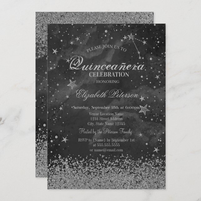 Modern Gold Diamonds Stars Grey Quinceañera  Invitation (Front/Back)