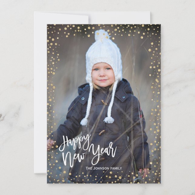 Modern gold dot with white lettering New Year Holiday Card (Front)