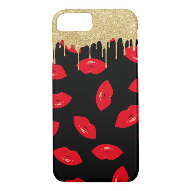 Modern Gold Dripping Red Lips Pattern Black Case-Mate iPhone Case (Back)