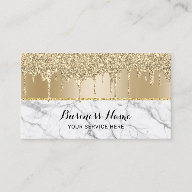 Modern Gold Drips Trendy Marble Beauty Salon Business Card (Front)