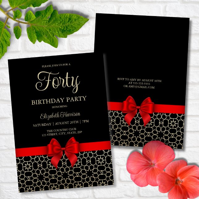 Modern Gold Egypt Geometric Red Bow 40th Birthday Invitation (Creator Uploaded)
