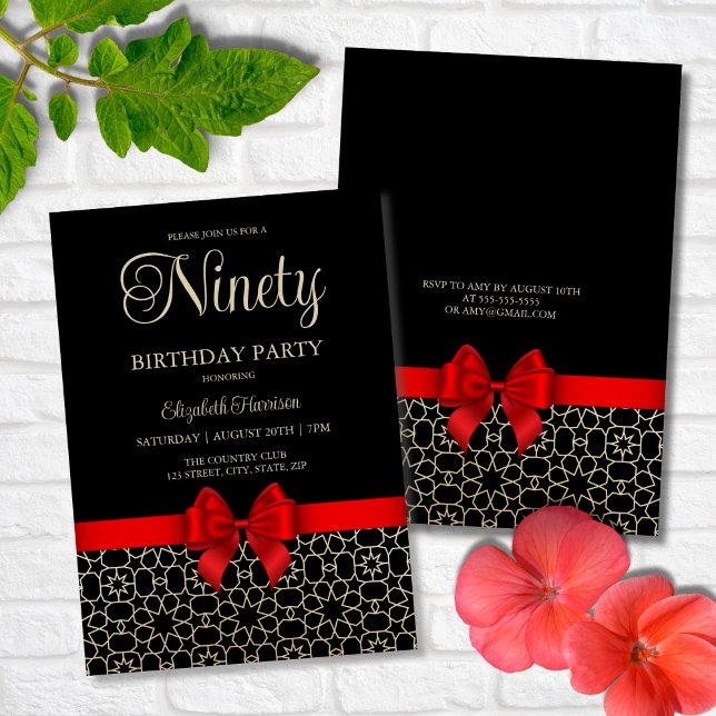 Modern Gold Egypt Geometric Red Bow 90th Birthday Invitation (Creator Uploaded)