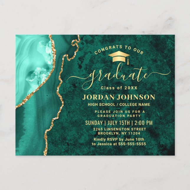 Modern Gold Emerald Graduation Party Invitation Postcard (Front)