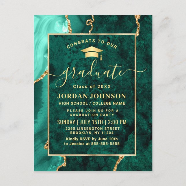 Modern Gold Emerald Graduation Party Invitation Postcard (Front)