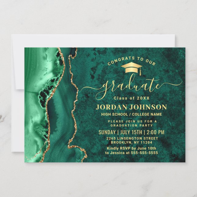 Modern Gold Emerald Green Marble Graduation Party Invitation (Front)
