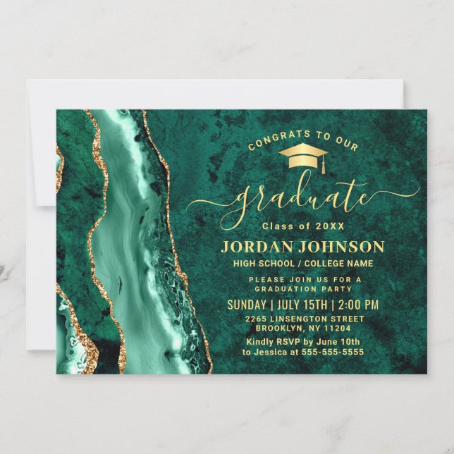 Modern Gold Emerald Green Marble Graduation Party  Invitation (Front)