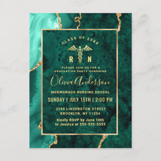 Modern Gold Emerald RN Graduation Party Invitation Postcard