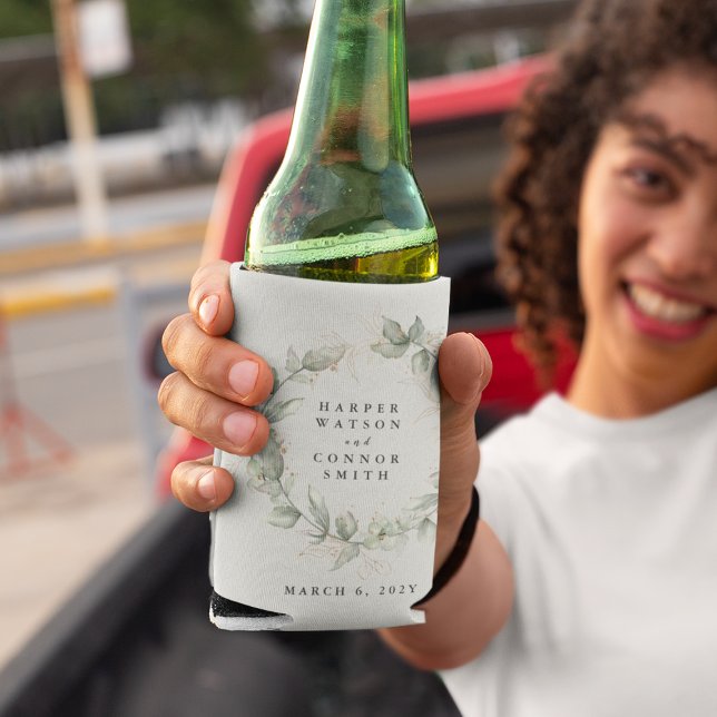 Modern Gold Eucalyptus Wreath Wedding Can Cooler (Creator Uploaded)