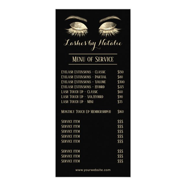 Modern Gold Eyelash Makeup Artist Salon Price List Rack Card (Front)