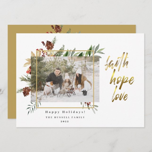 Modern Gold Faith Hope Love 2 Photo Christmas Holiday Card (Front/Back)