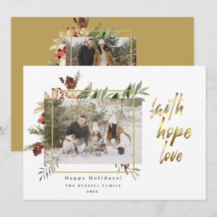 Modern Gold Faith Hope Love 2 Photo Christmas Holiday Card