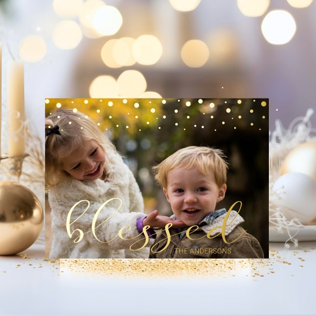 Modern Gold Family BLESSED Christmas Photo (Modern Gold Family BLESSED Christmas Photo Foil Holiday Card)
