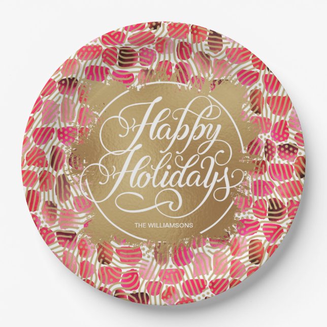 Modern Gold Faux Foil Happy Holidays Berry Paper Plate (Front)