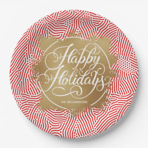 Modern Gold Faux Foil Happy Holidays Red Paper Plate