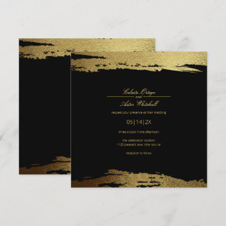 Modern Gold Faux Foil Paint Stroke Black Wedding Invitation