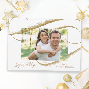 Modern Gold Faux Glitter Brush Stroke Photo  Holiday Card