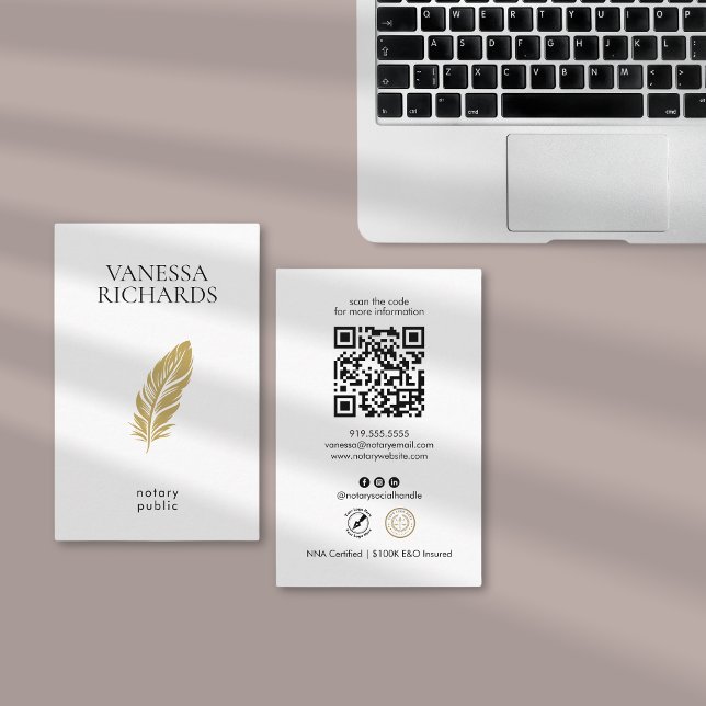 Modern Gold Feather Notary Photo Simple QR Code  Business Card (Creator Uploaded)