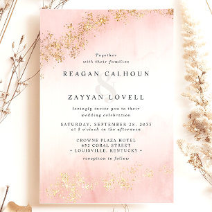 Modern Gold Flecks Blush Pink Watercolor Wedding Invitation