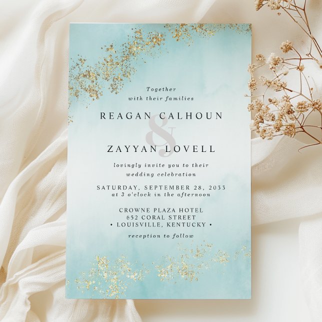Modern Gold Flecks Teal Mist Watercolor Wedding Invitation (Creator Uploaded)