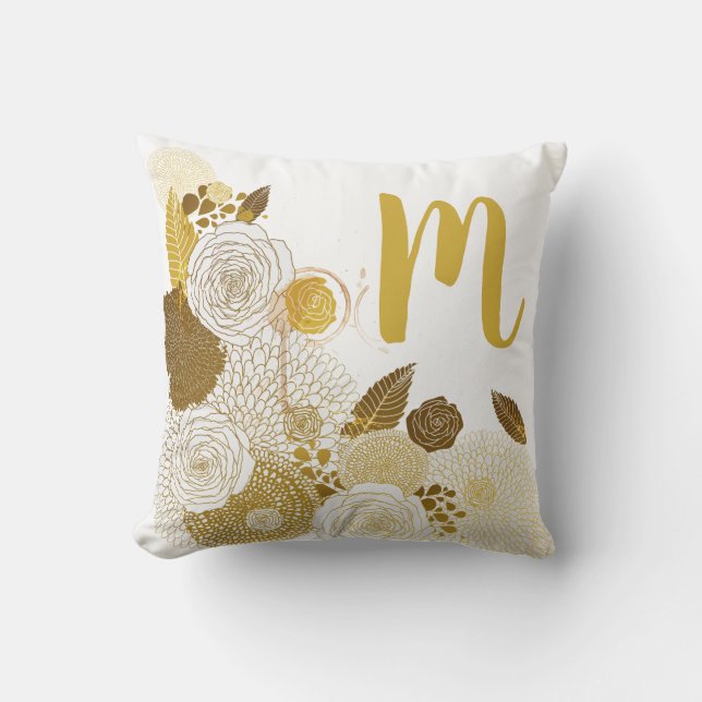 Modern Gold Floral and Monogram Cushion (Front)