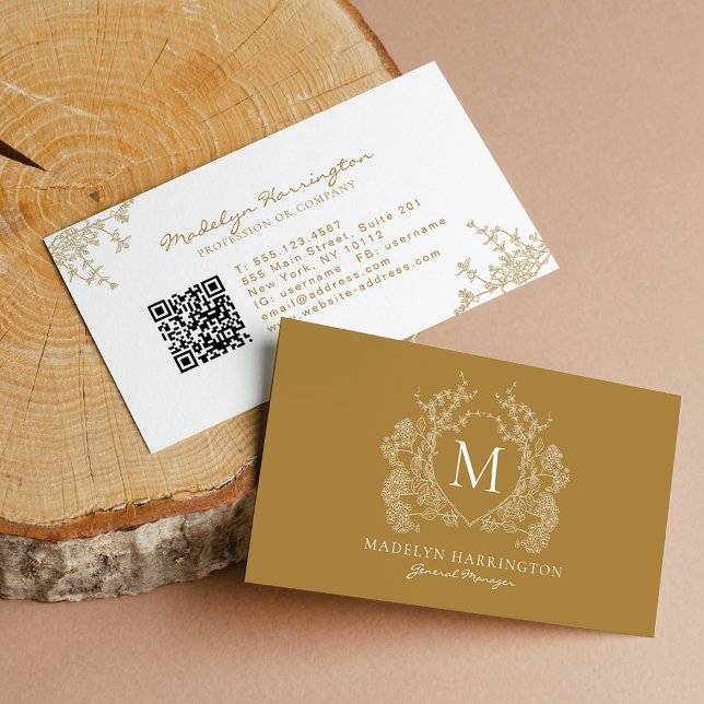 Modern Gold Floral Crest Monogram QR Code Business Card (Creator Uploaded)
