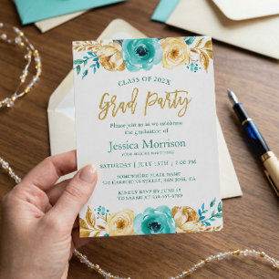 Modern Gold Floral Girly Graduation Party Photo Invitation