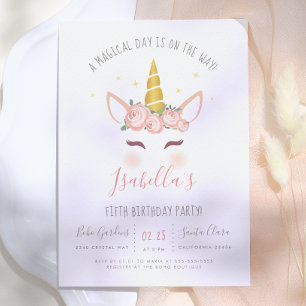 Modern Gold Floral Magical Unicorn Birthday Party Invitation