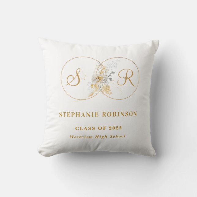 Modern Gold Floral Monogram Graduation  Cushion (Front)
