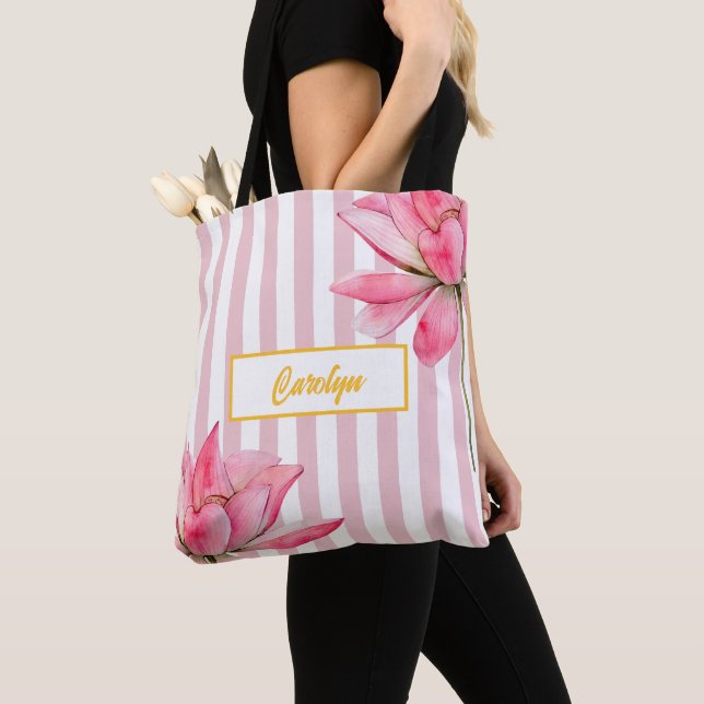 Modern Gold Floral Pink Lotus Bridesmaid Elegant Tote Bag (Close Up)