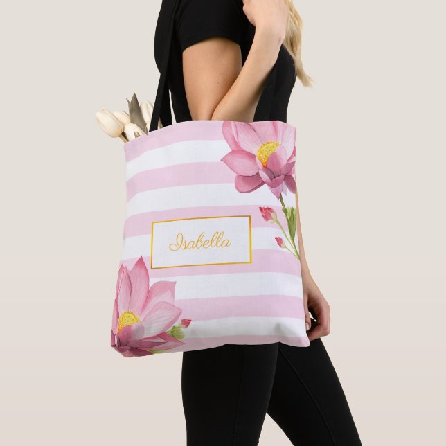 Modern Gold Floral Pink Lotus Bridesmaid Tote Bag (Close Up)