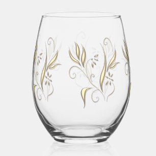 Modern Gold Floral Stemless Wine Glass