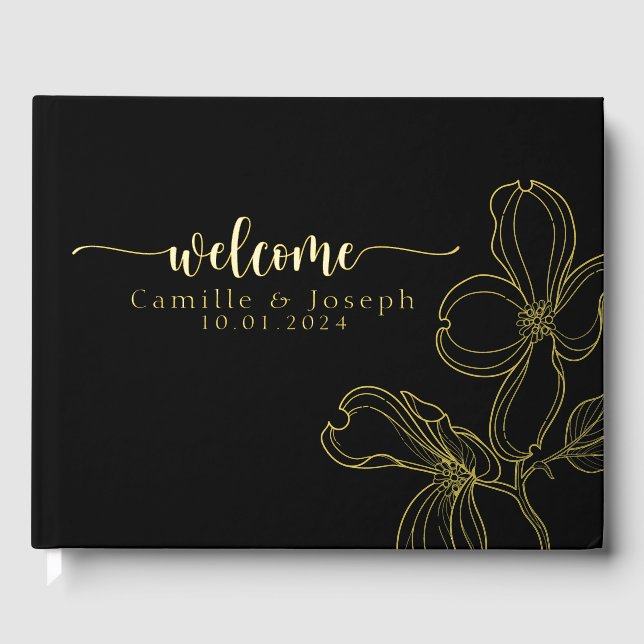 Modern Gold Floral wedding guestbook (Front)