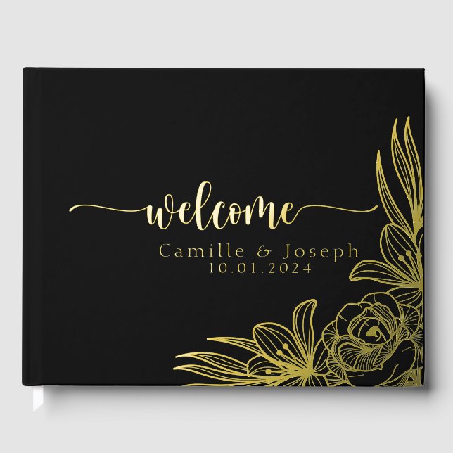 Modern Gold Floral wedding guestbook (Front)