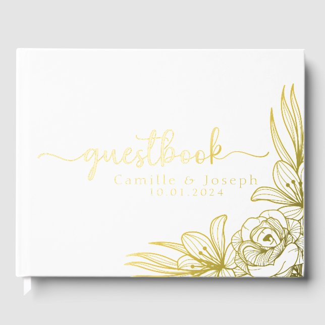 Modern Gold Floral wedding guestbook (Front)