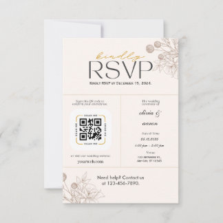 Modern Gold Floral Wedding RSVP Card with QR Code