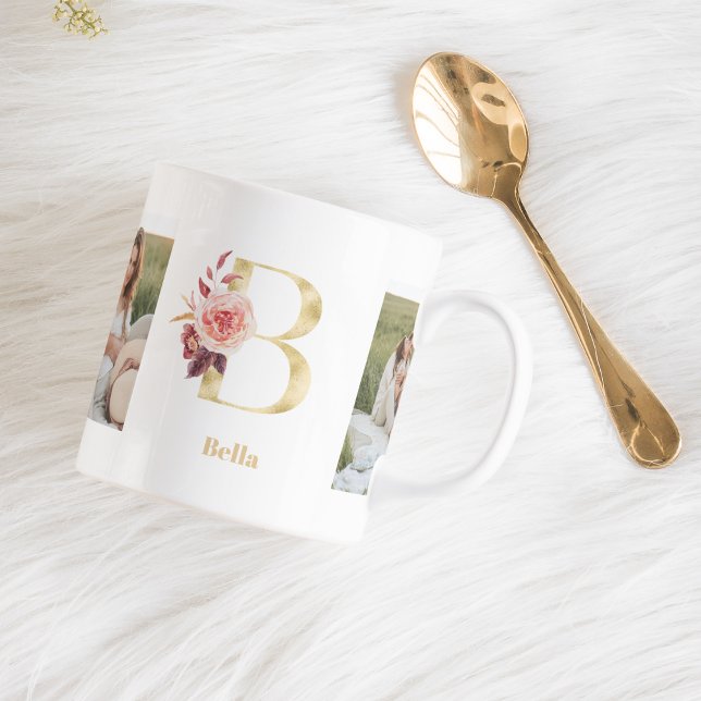 Modern Gold Flower Letter B | Two Photo Monogram  Coffee Mug (Creator Uploaded)