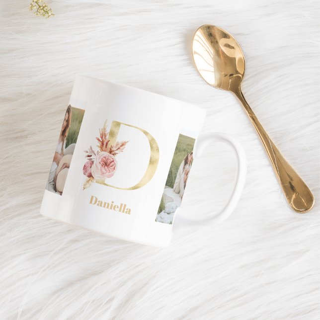 Modern Gold Flower Letter D  | Two Photo Monogram  Coffee Mug (Creator Uploaded)