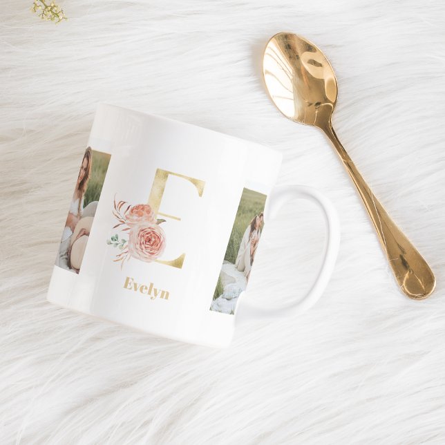 Modern Gold Flower Letter E | Two Photo Monogram Coffee Mug (Creator Uploaded)