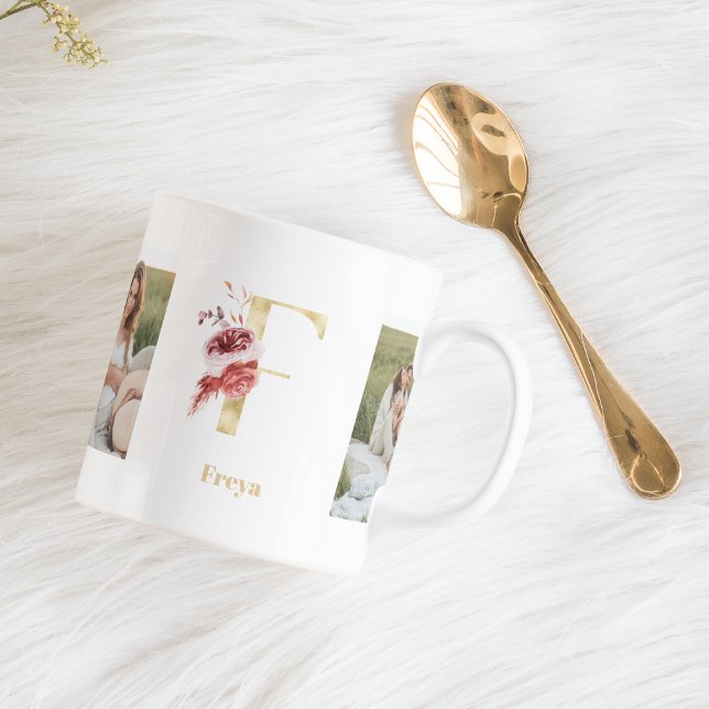 Modern Gold Flower Letter F | Two Photo Monogram Coffee Mug (Creator Uploaded)