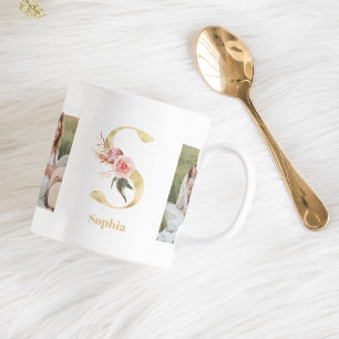 Modern Gold Flower Letter S   Two Photo Monogram Coffee Mug