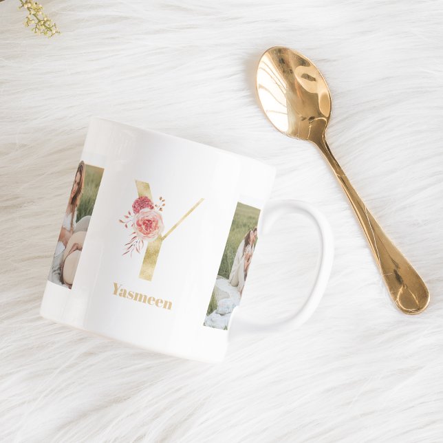 Modern Gold Flower Letter Y | Two Photo Monogram Coffee Mug (Creator Uploaded)