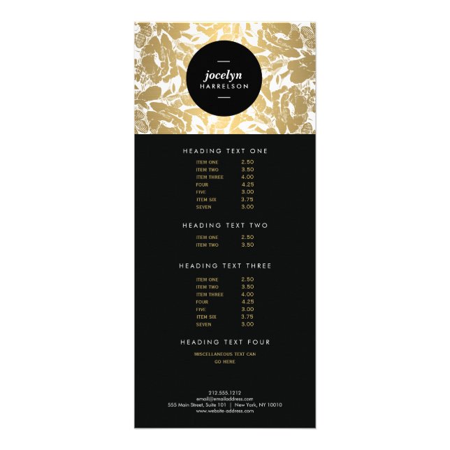 Modern Gold Flowers Black Circle Rack Card (Front)