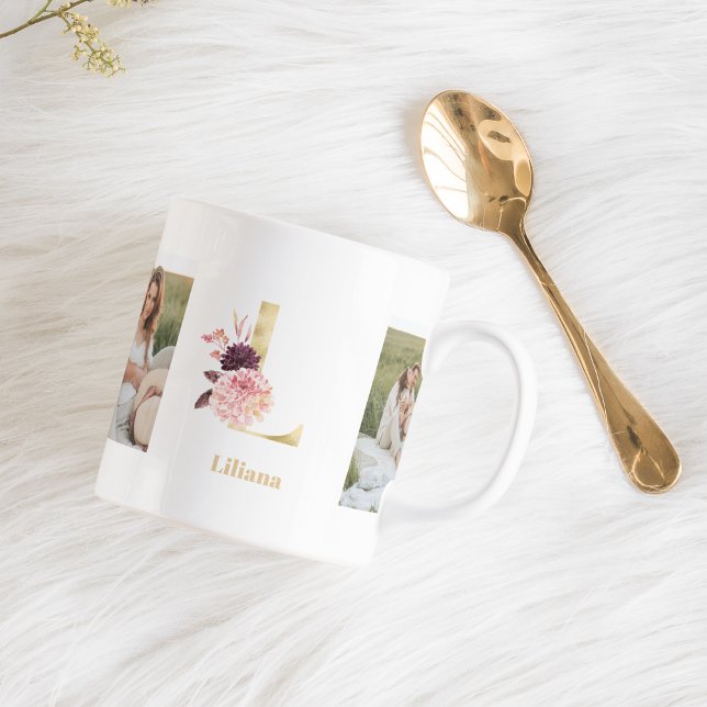 Modern Gold Flowers Letter L | Two Photo Monogram  Coffee Mug (Creator Uploaded)