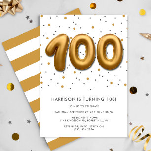 Modern Gold Foil Balloon 100th Birthday Invitation