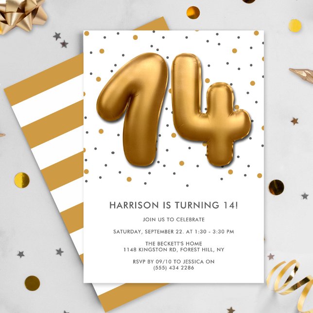 Modern Gold Foil Balloon 14th Birthday Invitation (Creator Uploaded)