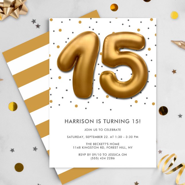 Modern Gold Foil Balloon 15th Birthday Invitation (Creator Uploaded)