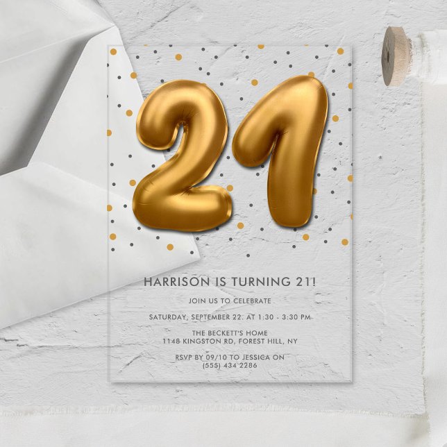 Modern Gold Foil Balloon 21st Birthday Acrylic Invitations (Creator Uploaded)