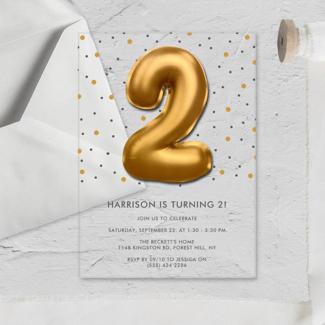 Modern Gold Foil Balloon 2nd Birthday Acrylic Invitations (Creator Uploaded)